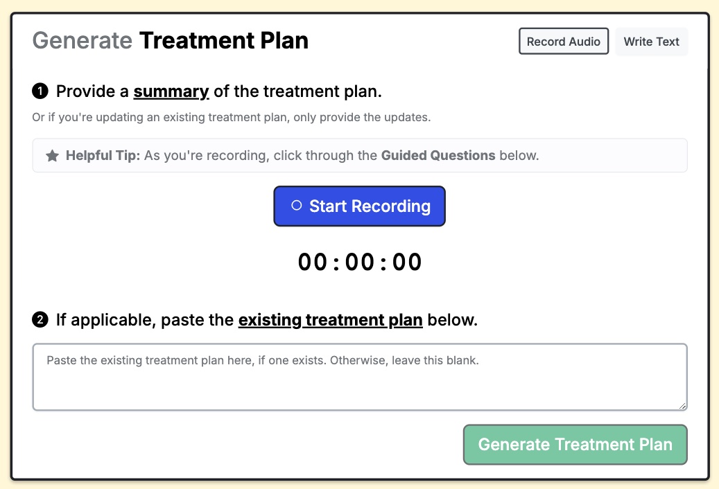 A screenshot of Quill's AI-generated treatment plan feature for therapists.