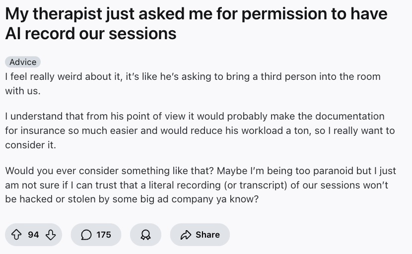 A screenshot of Reddit of a client asking about giving their therapist permission to record their sessions for AI notes.