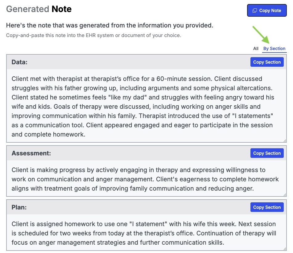 Copy the contents of your AI-generated progress note by section.