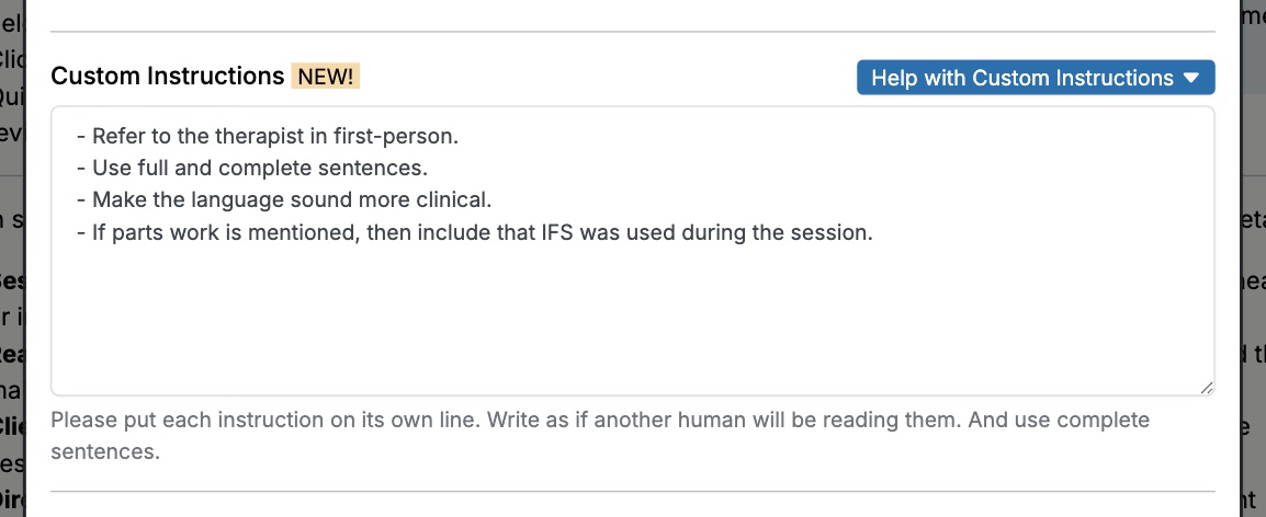 A screenshot of the new custom instruction feature at Quill, helping therapists generate personalized progress notes.
