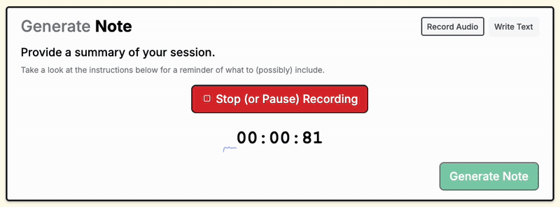 A screenshot of recording a therapy session summary for a therapy note and how the timer continues to reflect the current duration of the recording.
