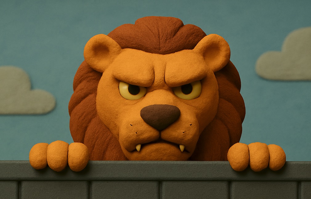 A lion peering over a fence looking angry.