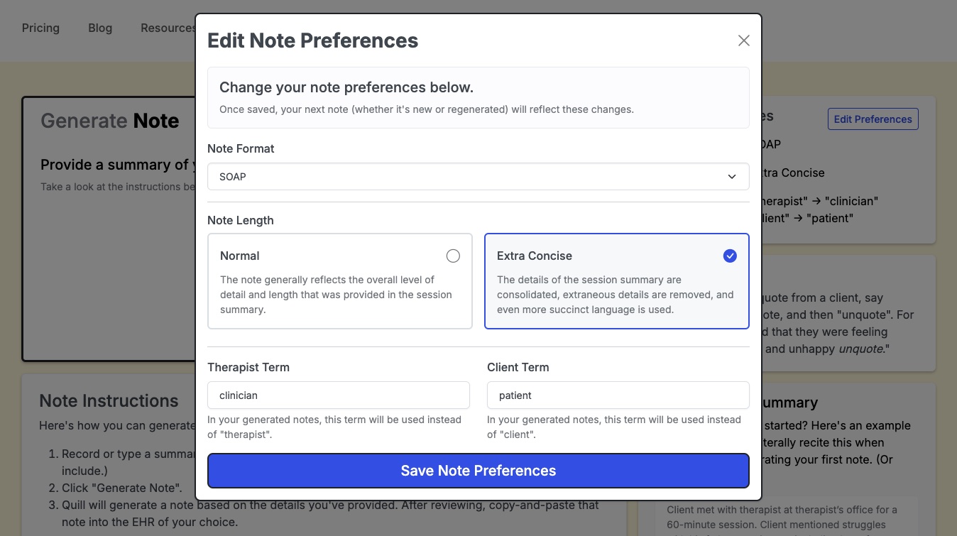 Editing note preferences when generating a therapy note.