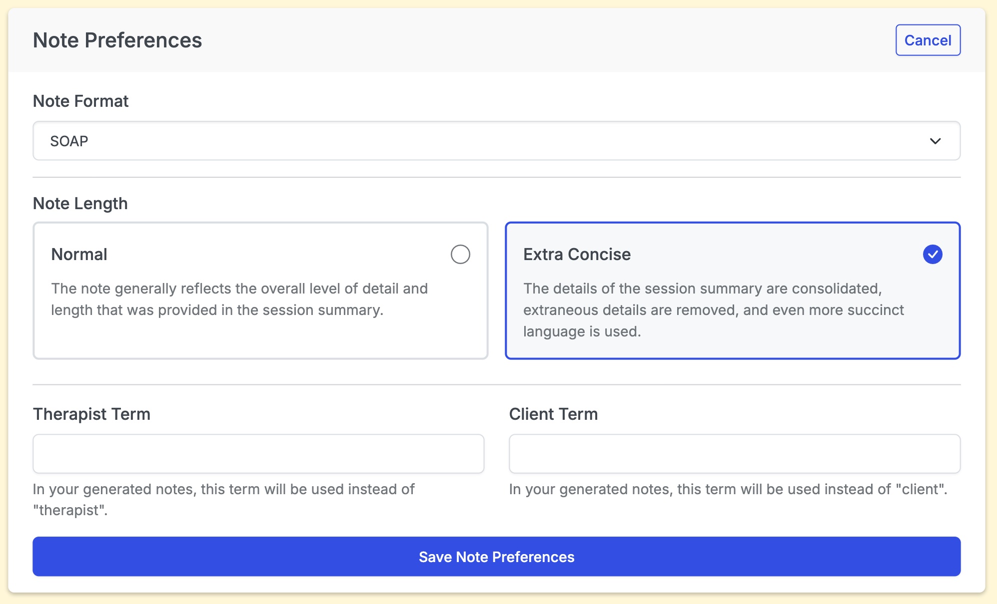 A screenshot of the new extra concise option for therapy notes.