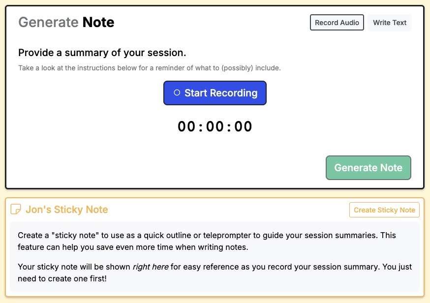 A new feature when generating therapy notes: sticky notes to help therapists record all of the details in their session summary.