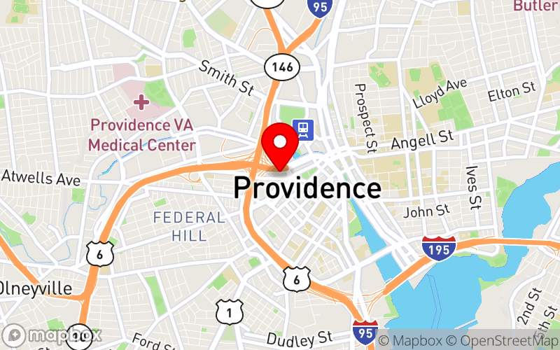 Map for 2025 Collaborative Perspectives on Addiction Meeting at 1 W Exchange St, Providence, RI 02903